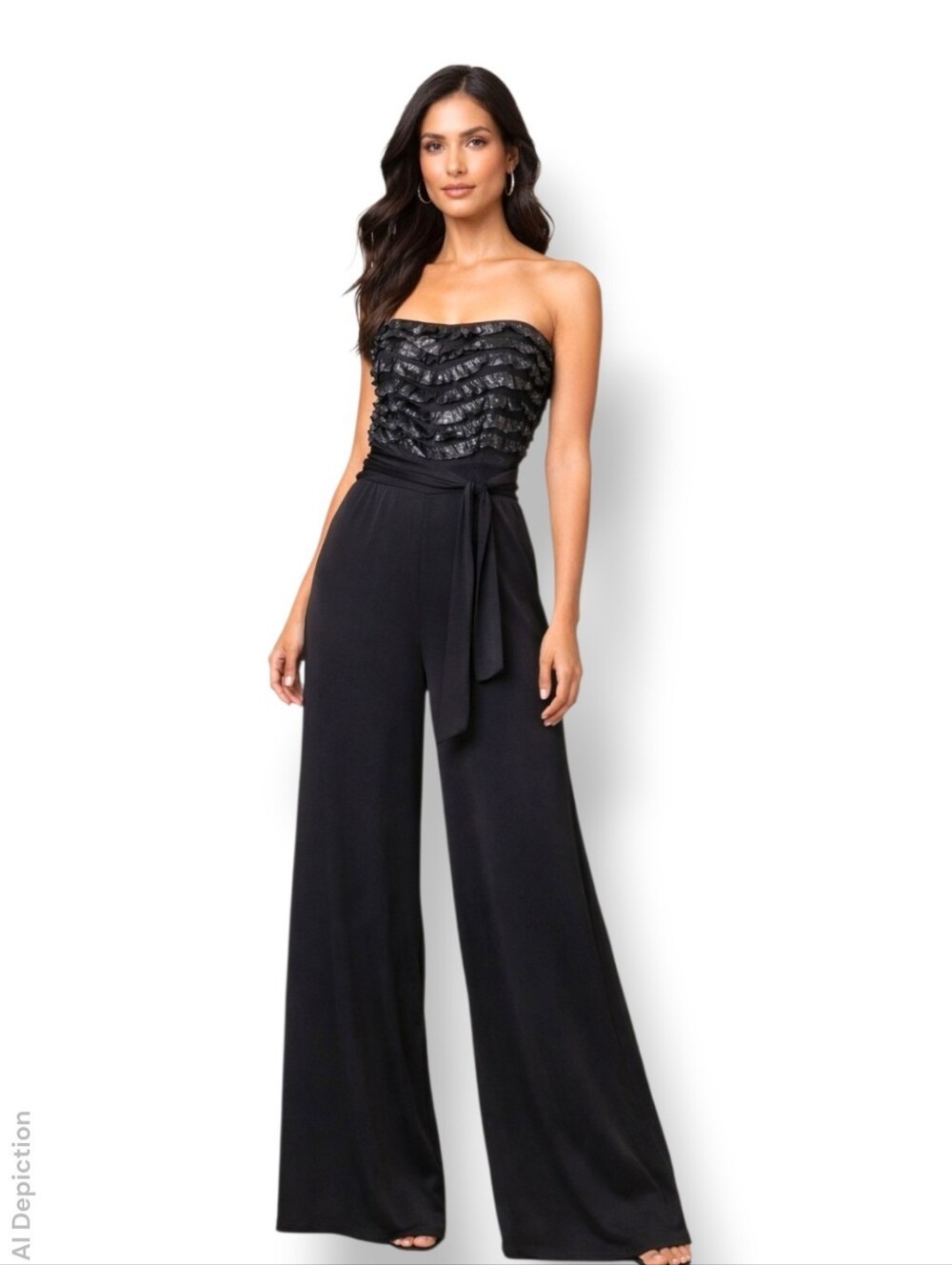 Vintage Black Strapless Jumpsuit Silver Ruffle Top Tie-Belt Party Evening Outfit